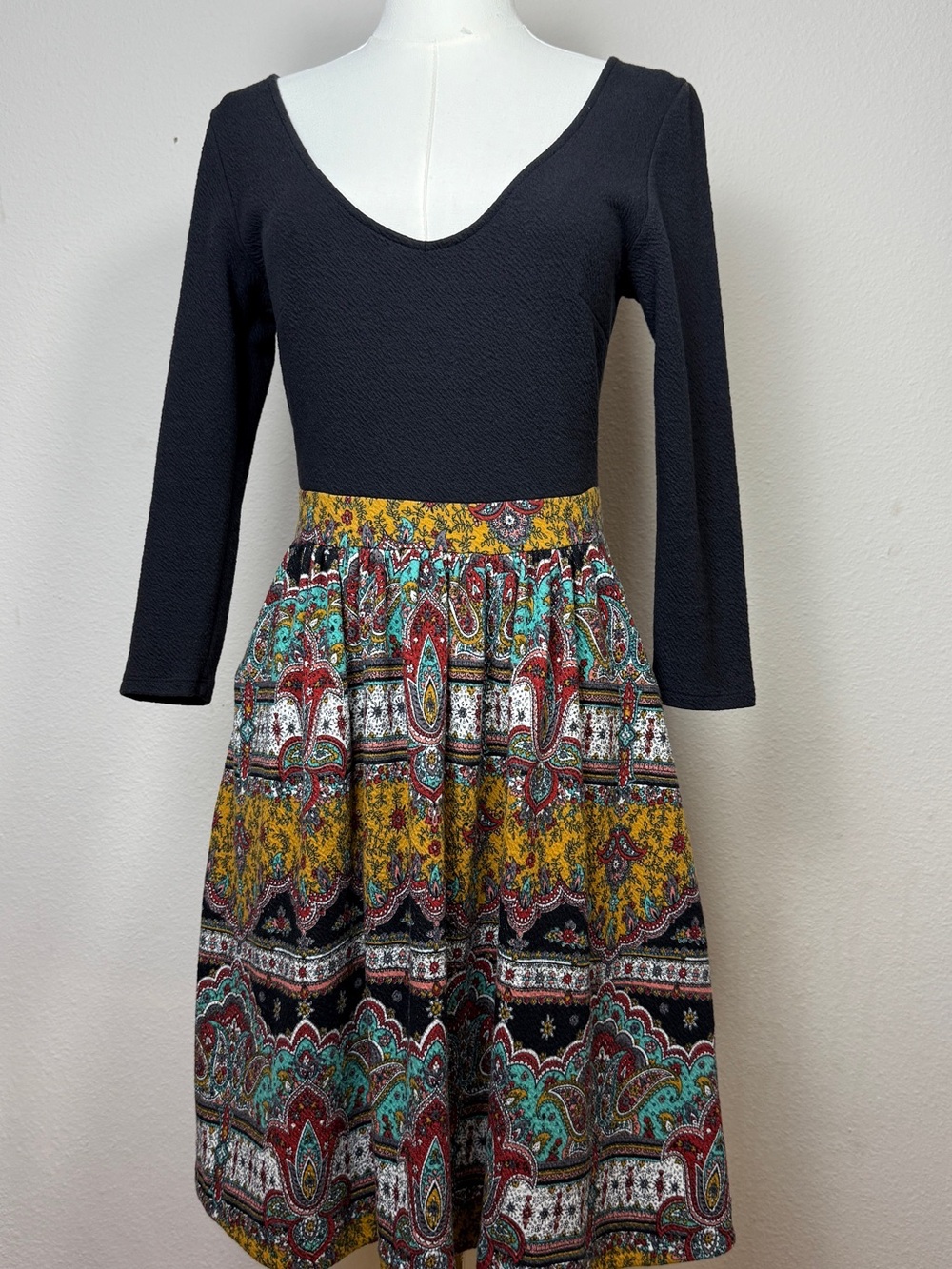 Maeve Anthropologie Dress 8 Black Knit Paisley Boho Fit Flare A-Line Zipper